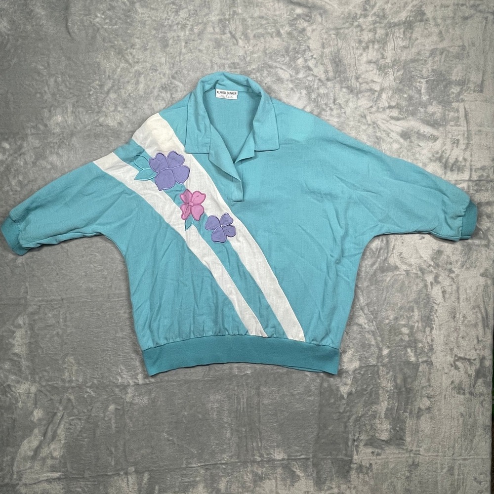 Alfred Dunner Pullover Top Womens Blue Floral Applique Batwing Vintage USA L